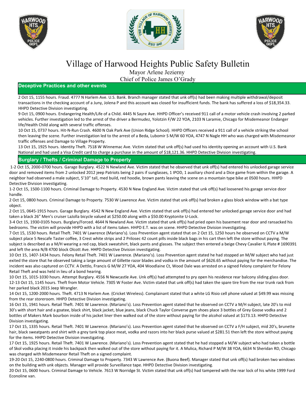 Village of Harwood Heights Public Safety Bulletin