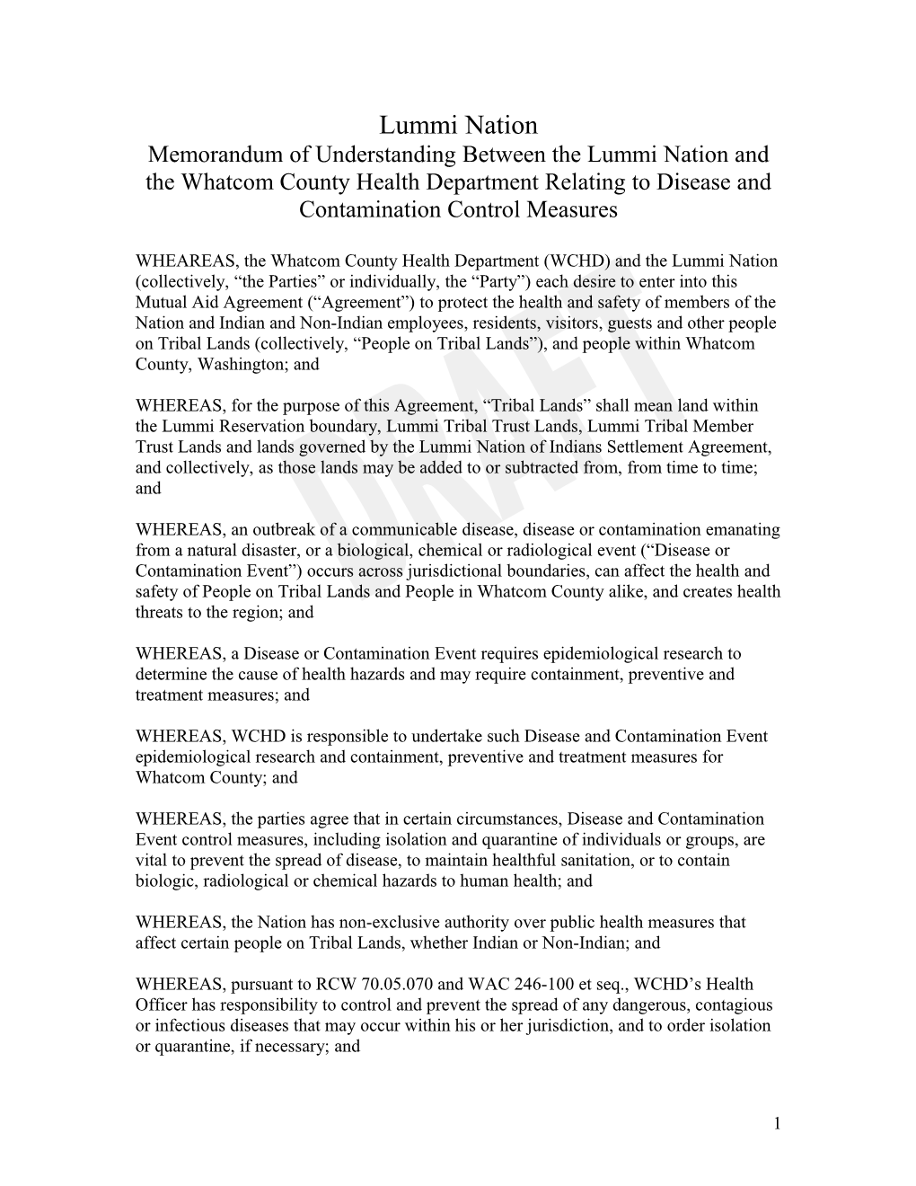 Memorandum of Understanding Between the Lummi Nation and the Whatcom County Health Department