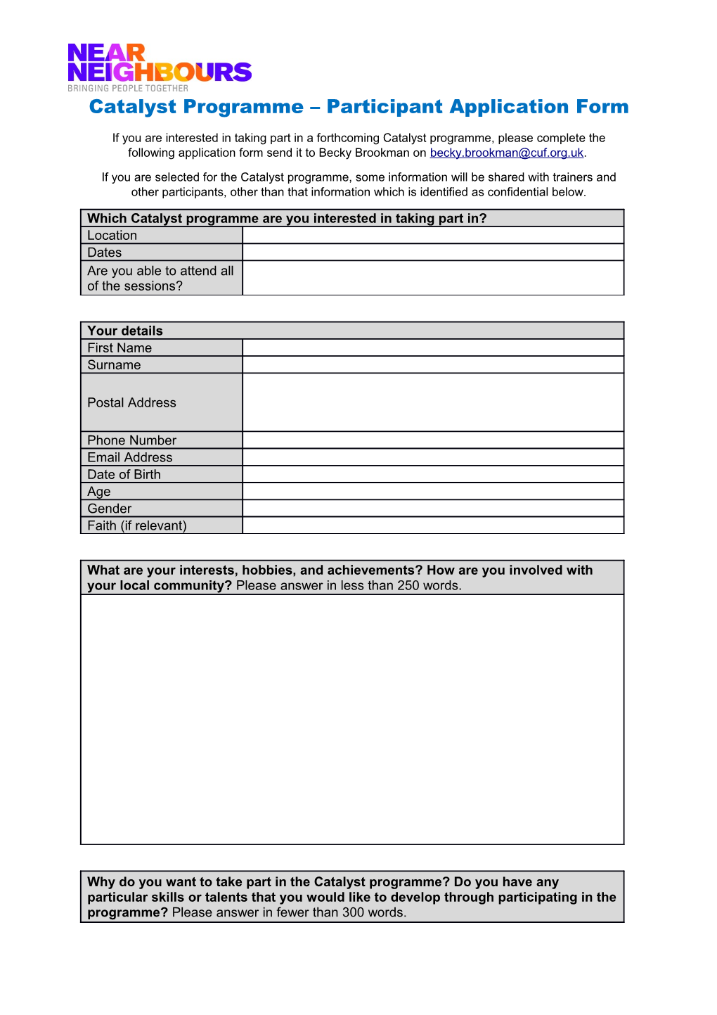 Catalyst Programme Participant Application Form
