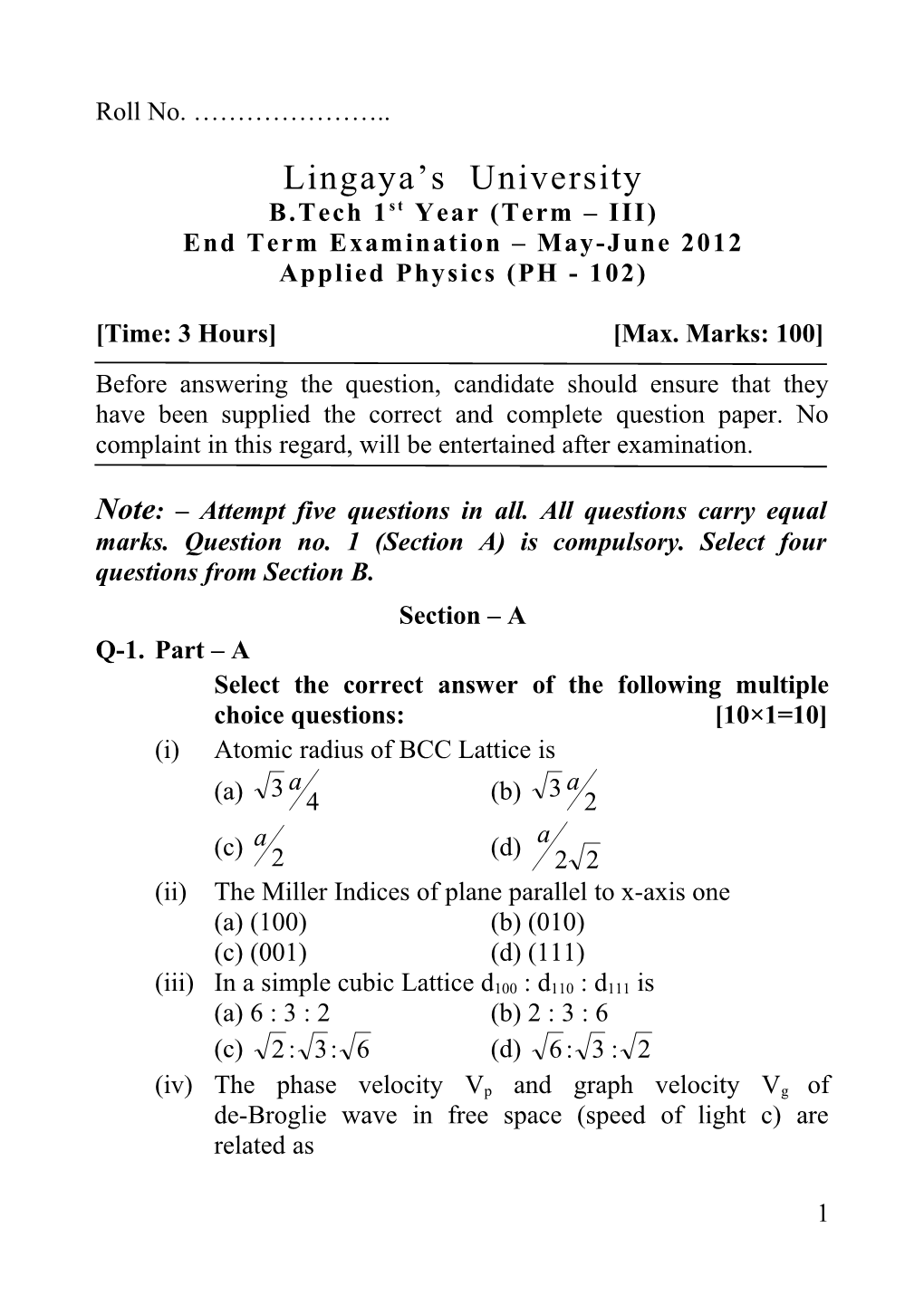 B.Tech 1Styear (Term III)