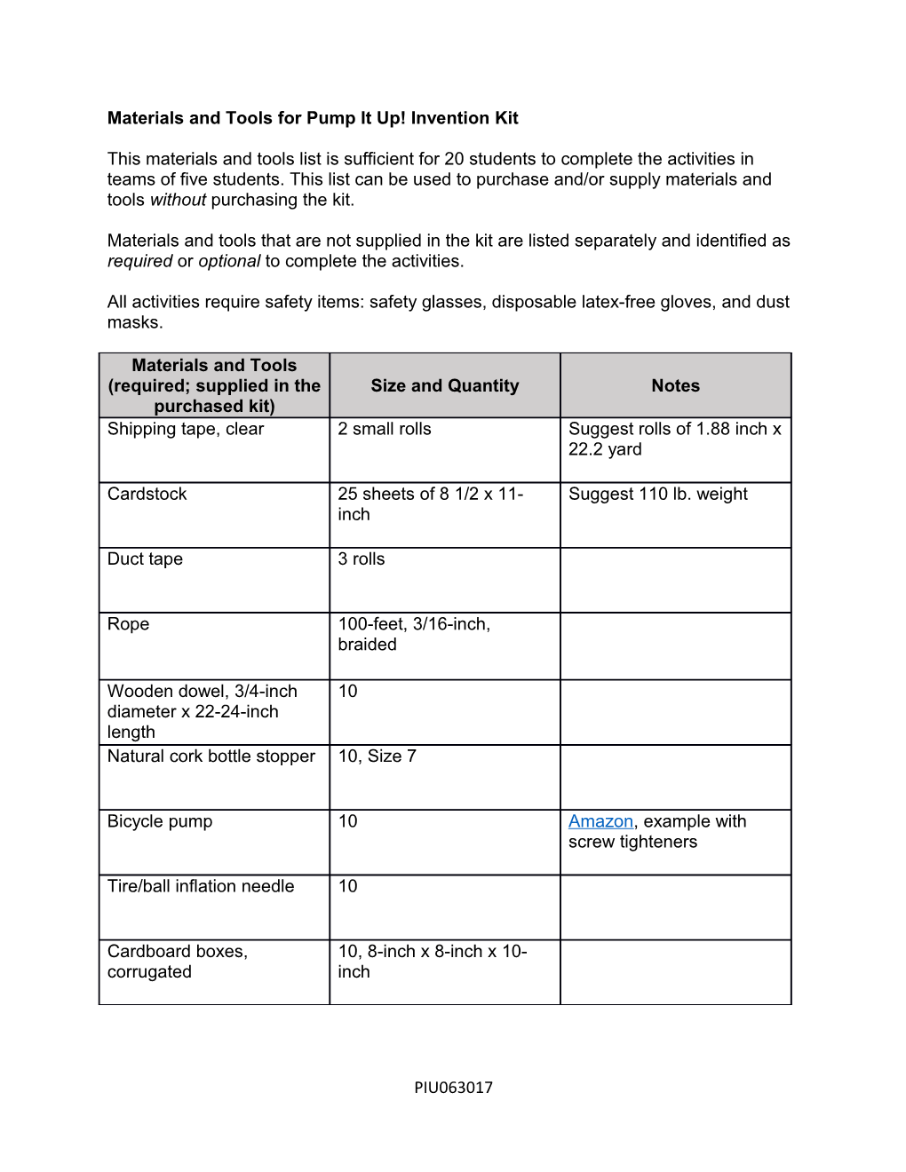 Materials and Tools for Pump It Up!Invention Kit