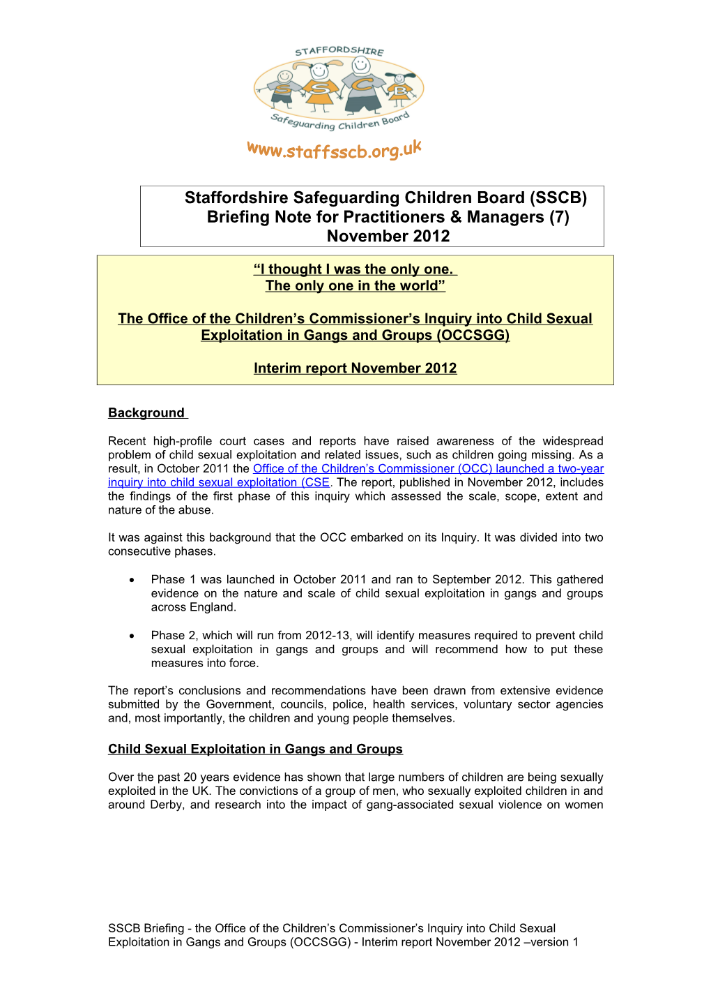 SSCB Briefing 7 CSE in Gangs and Groups Exec Summary November 2012