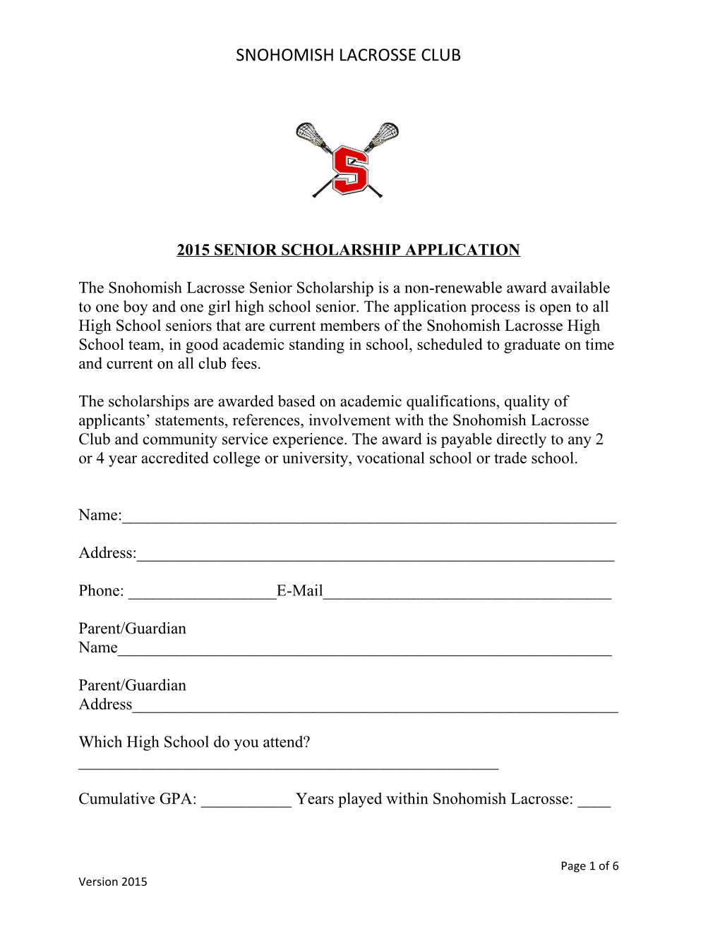 2015 Senior Scholarship Application