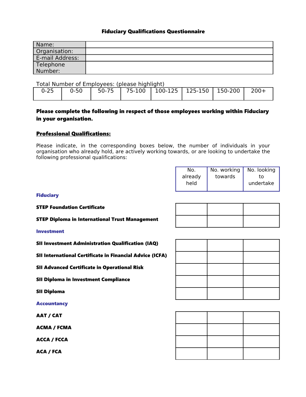 Fiduciary Qualifications Questionnaire