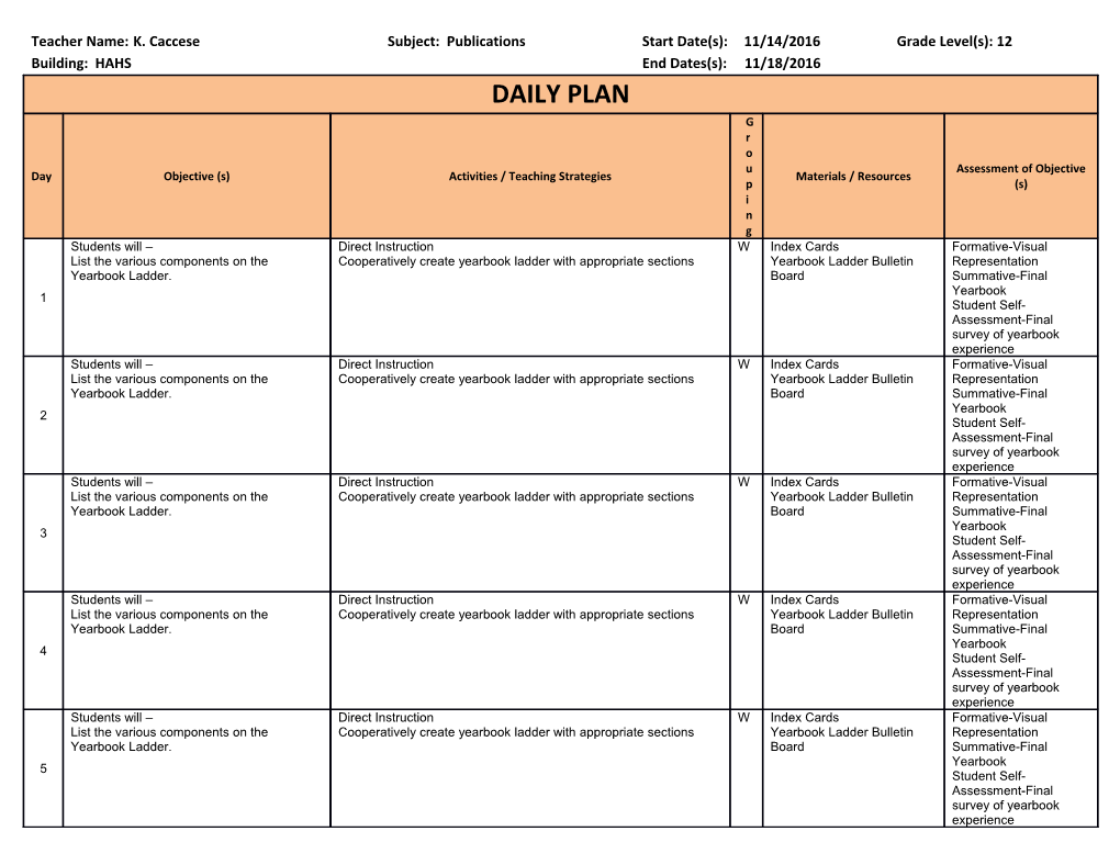 Teacher Name:K. Caccesesubject: Publicationsstart Date(S):11/14/2016Grade Level(S): 12