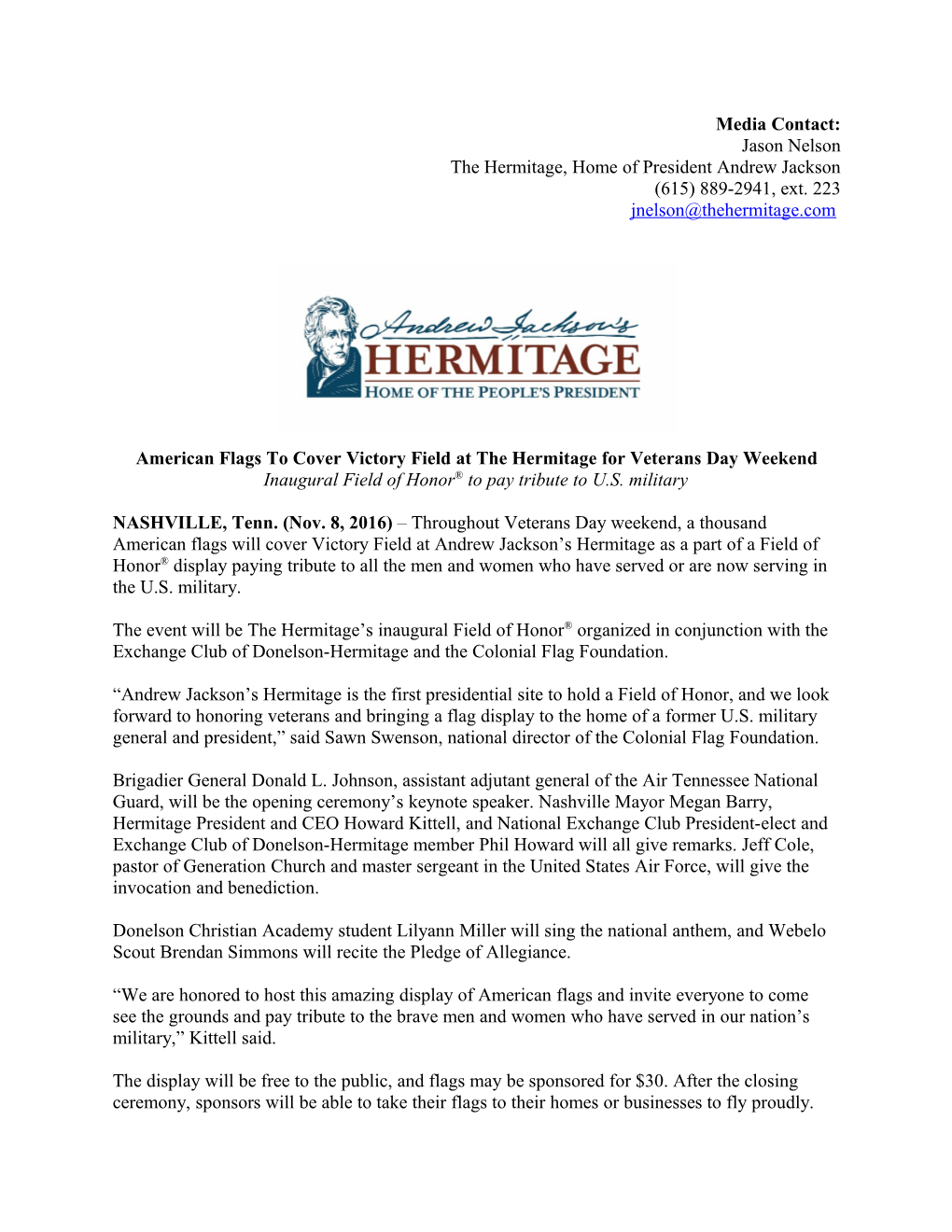 American Flags to Cover Victory Field at the Hermitage for Veterans Day Weekend