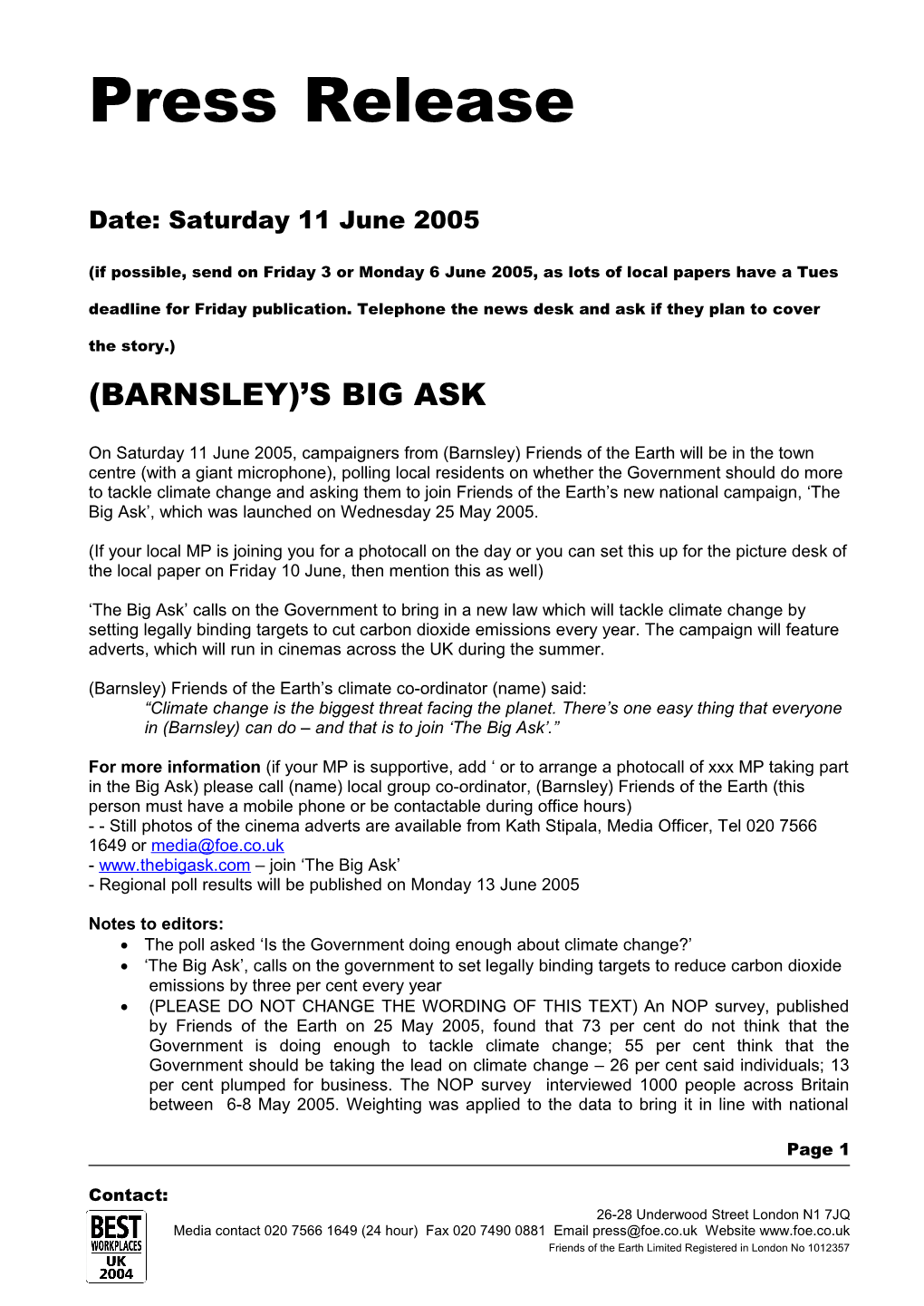 Advance Press Release for Big Ask Day of Action