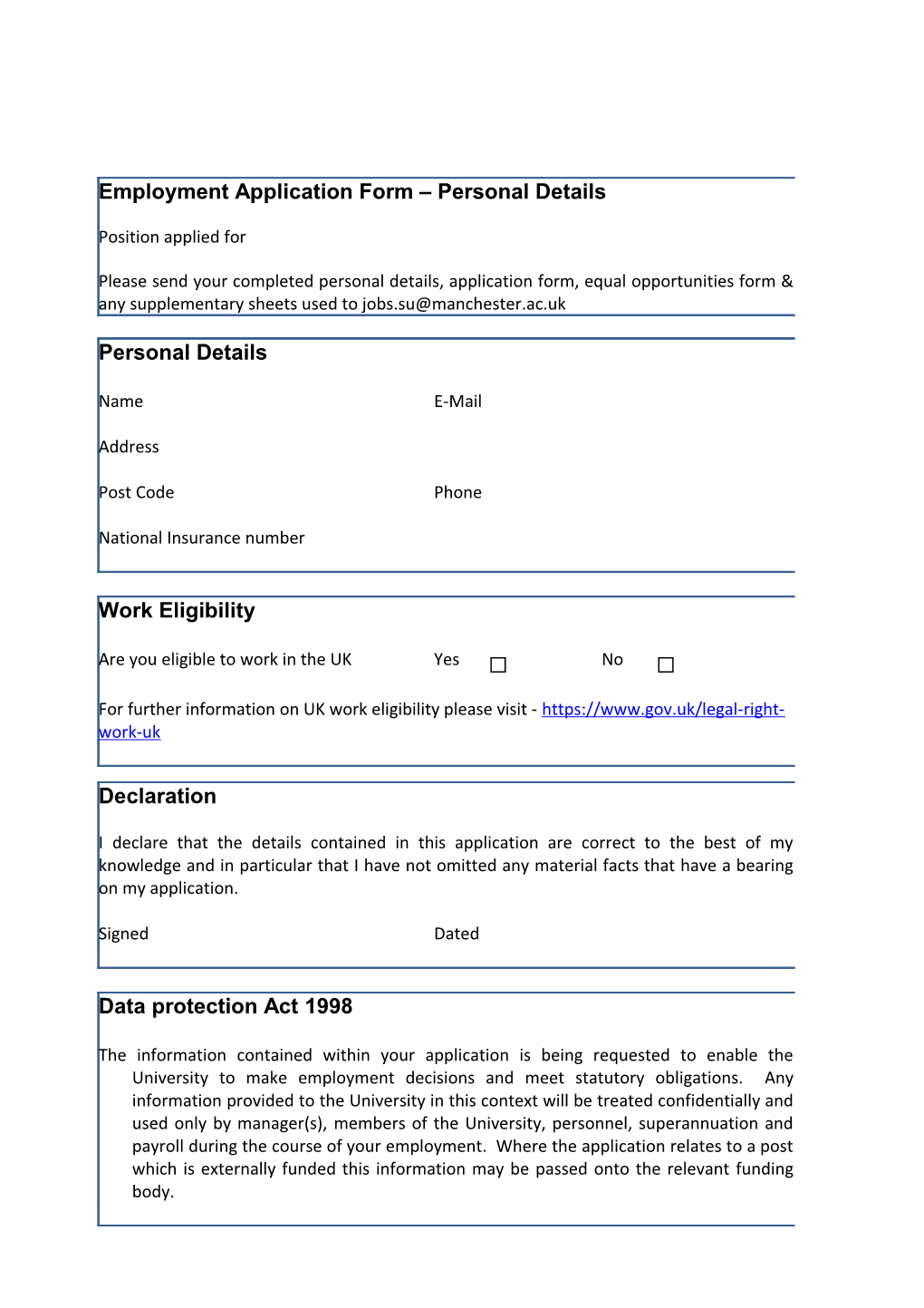 Employment Application Form Application Details