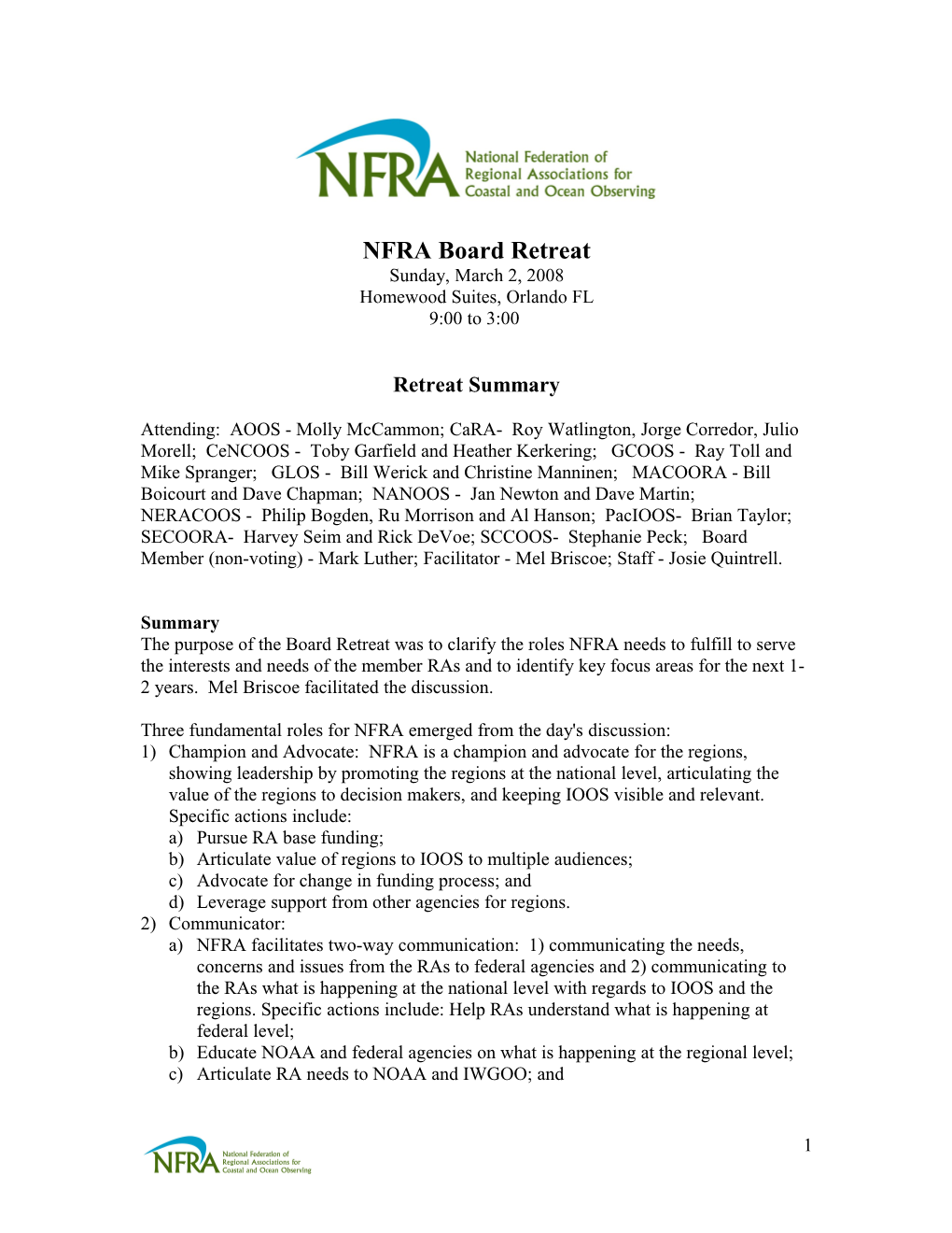 NFRA Board Retreat Sunday March 2