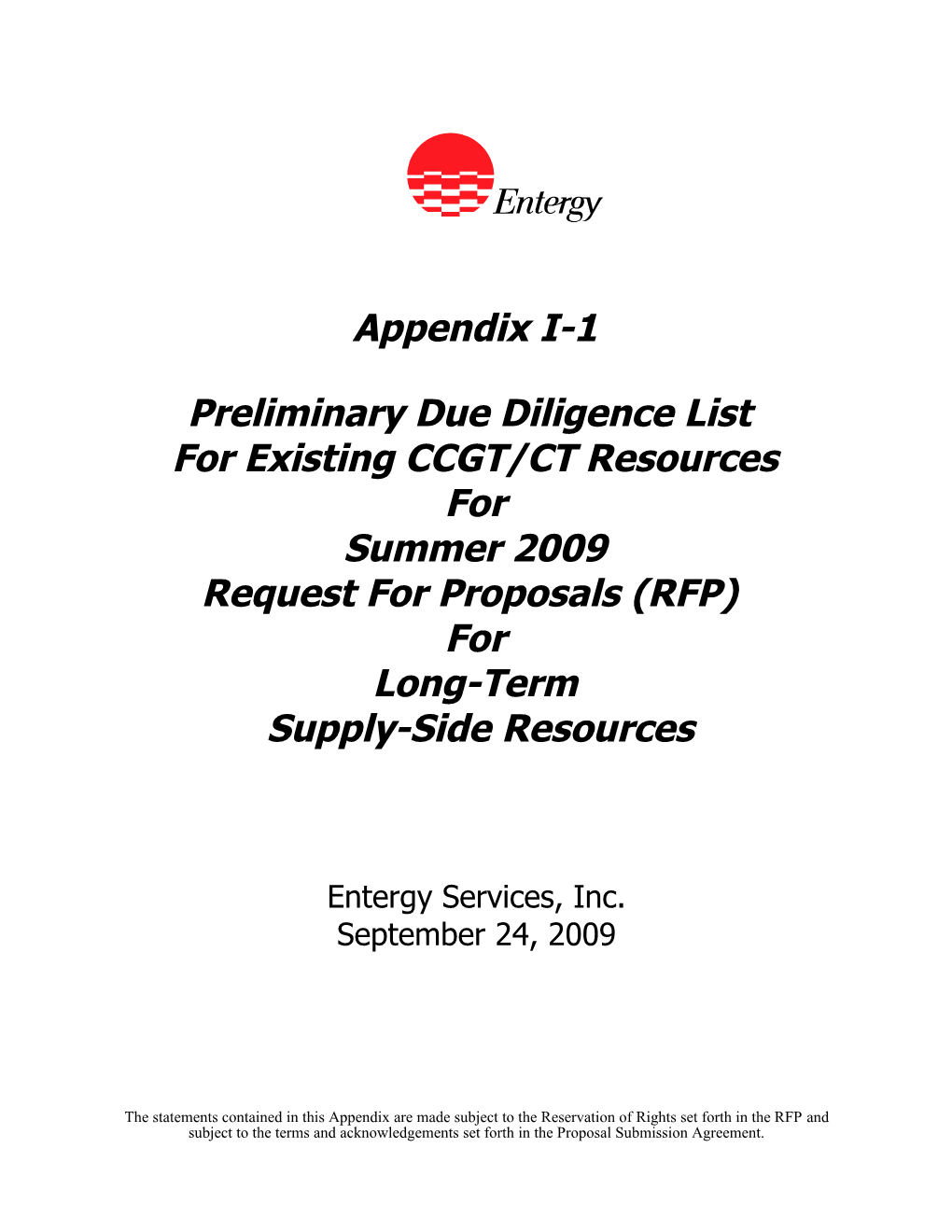 Preliminary Due Diligence List for Existing CCGT/CT Resources