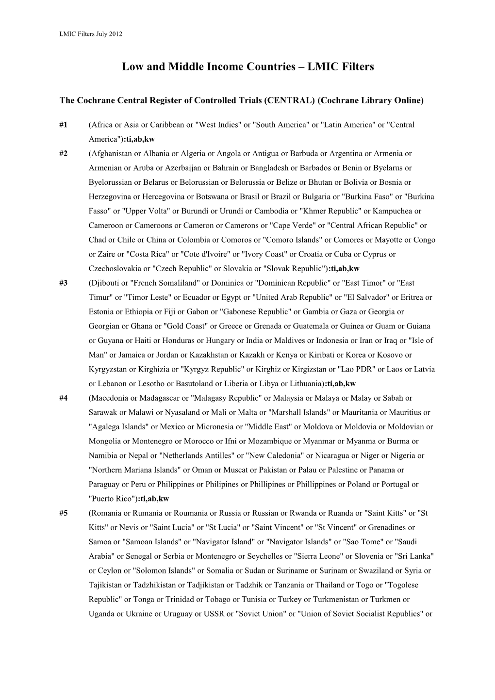 Low and Middle Income Countries LMIC Filters