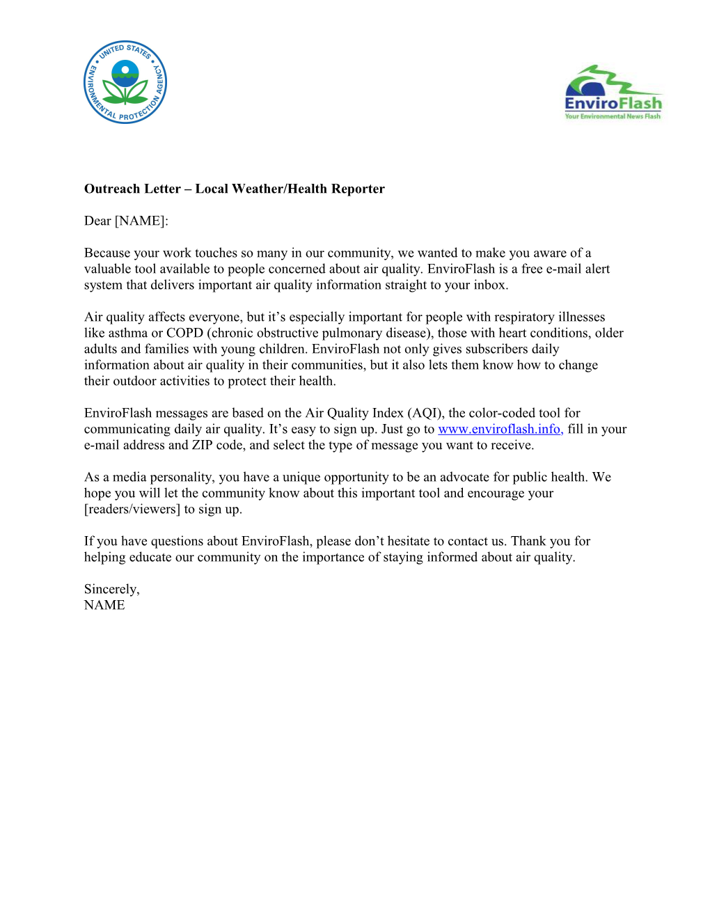 Outreach Letter Local Weather/Health Reporter