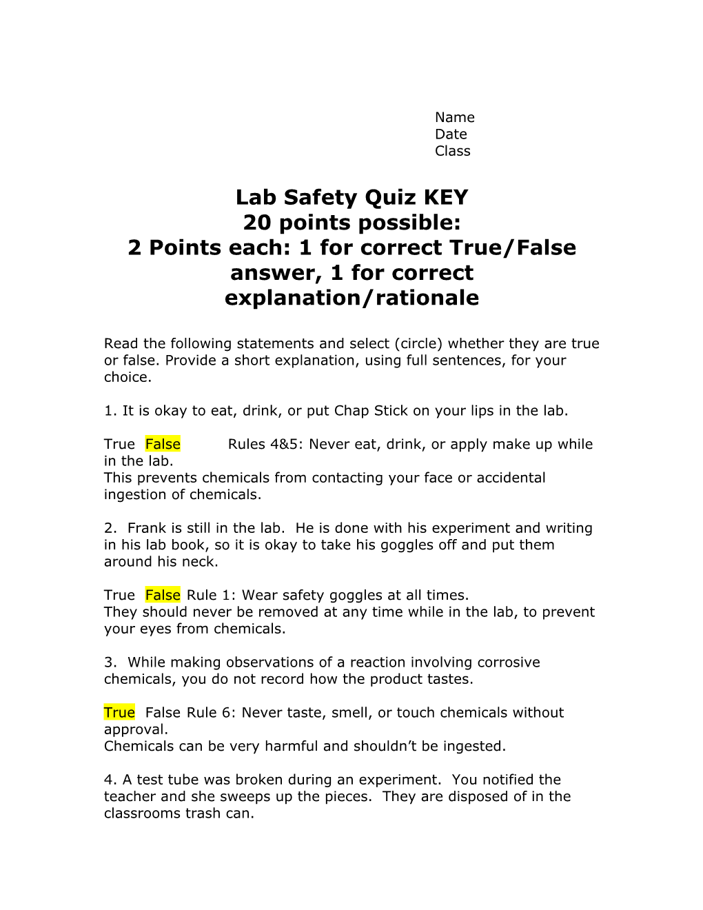 Lab Safety Quiz KEY