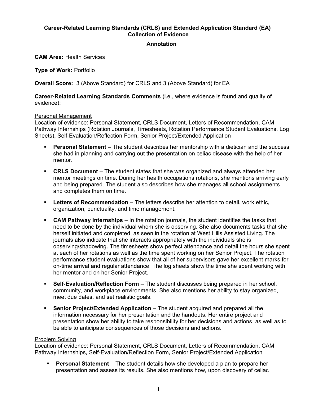 Career-Related Learning Standards (CRLS) and Extended Application Standard (EA)