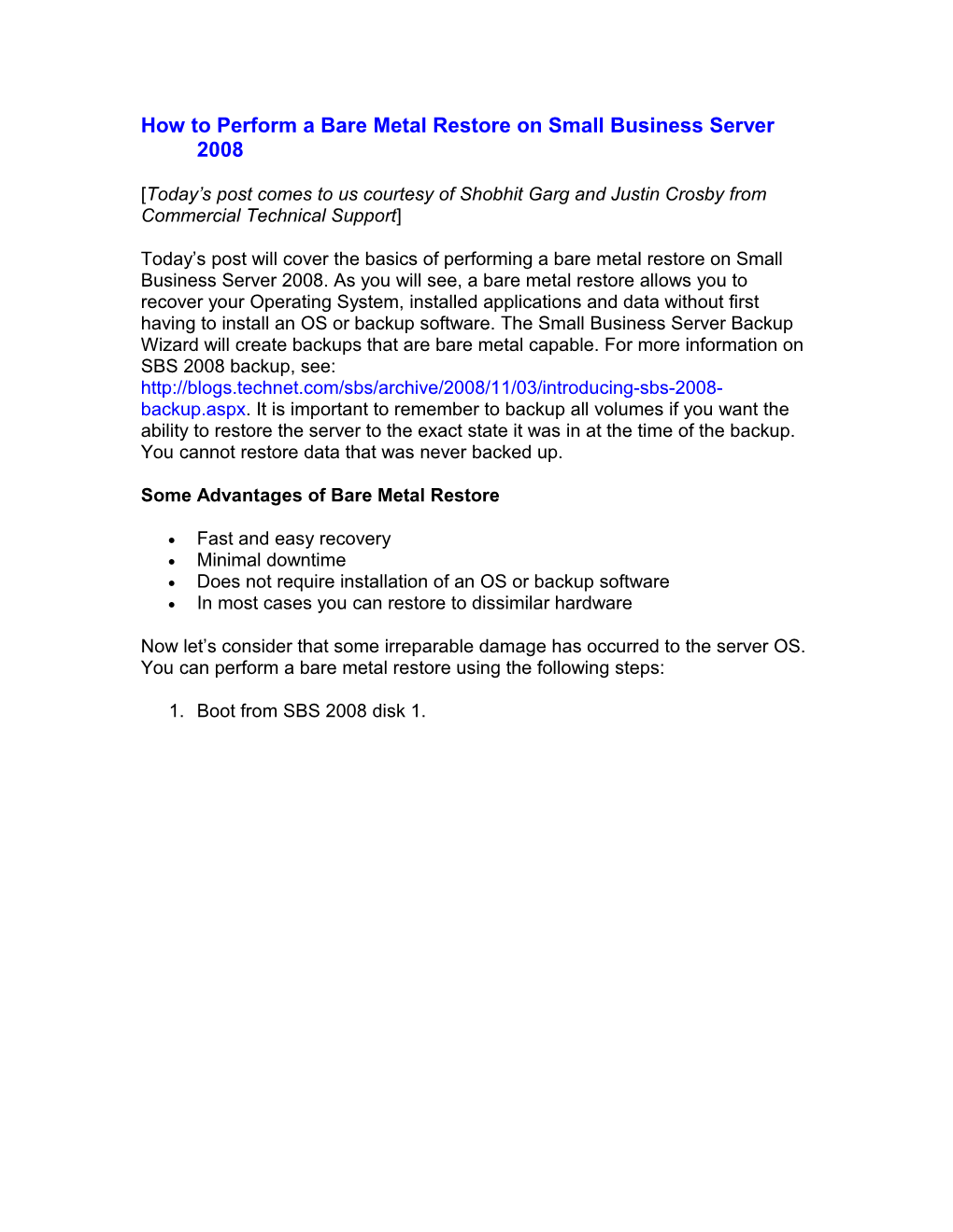 How to Perform a Bare Metal Restore on Small Business Server 2008