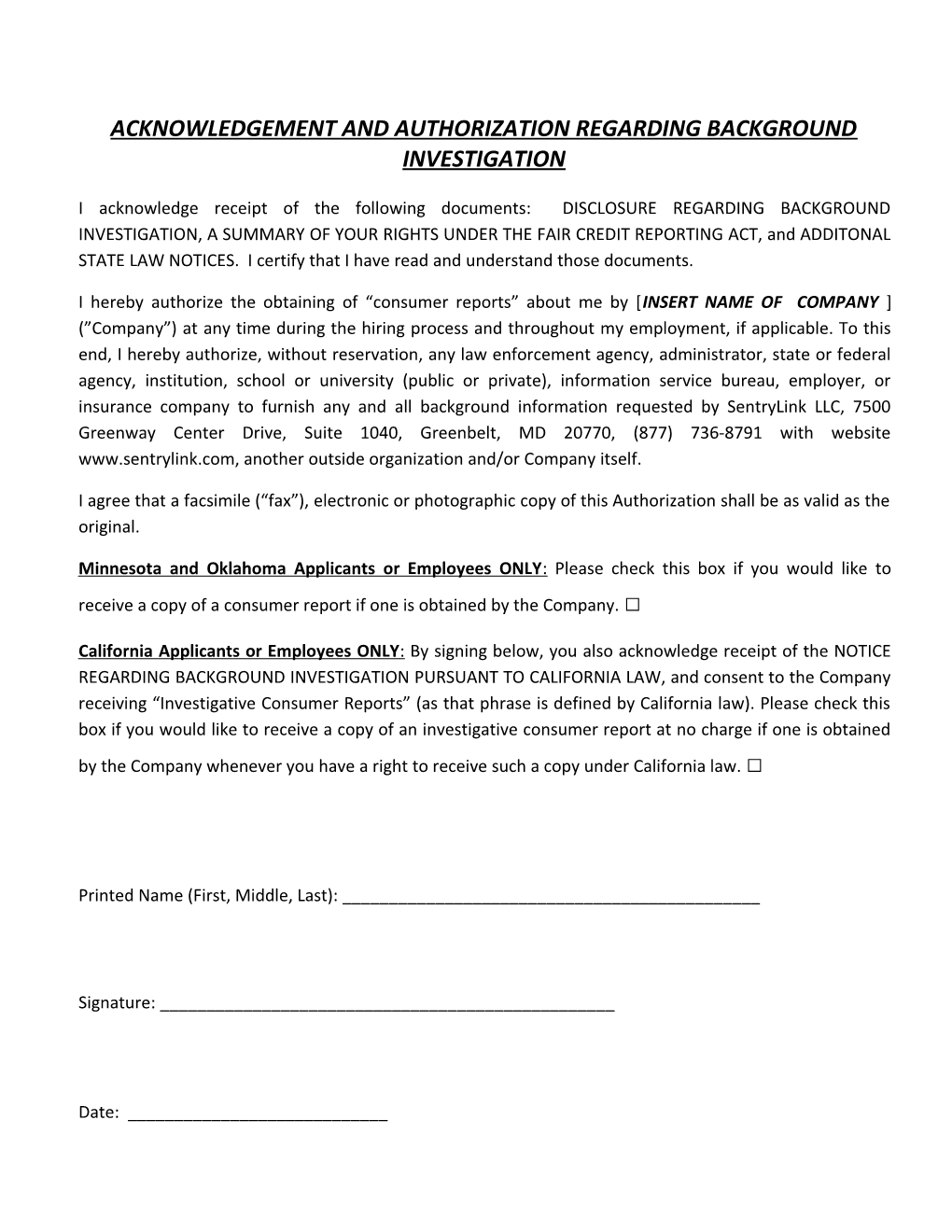 Acknowledgement and Authorization Regarding Background Investigation