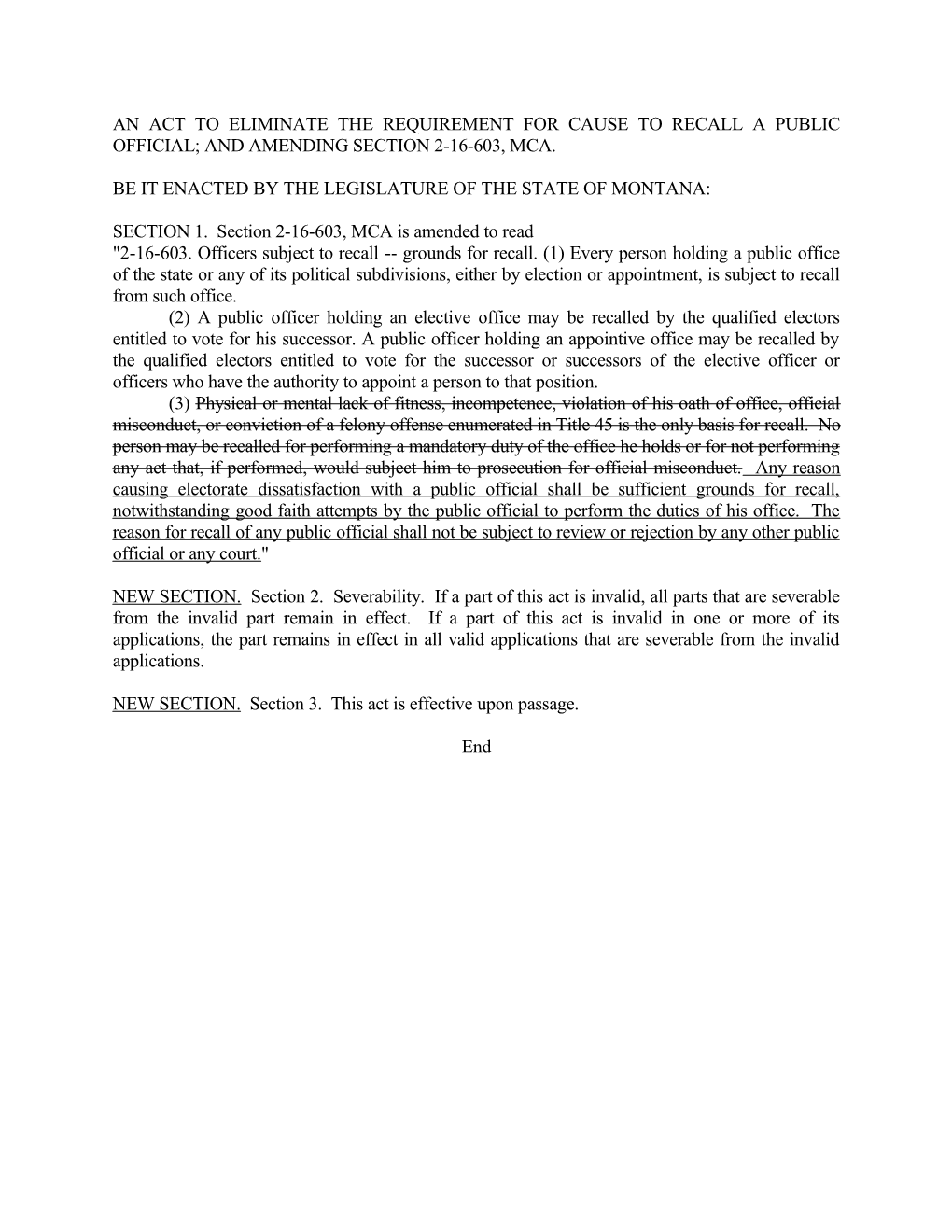 An Act to Eliminate the Requirement for Cause to Recall a Public Official; Extending Recall