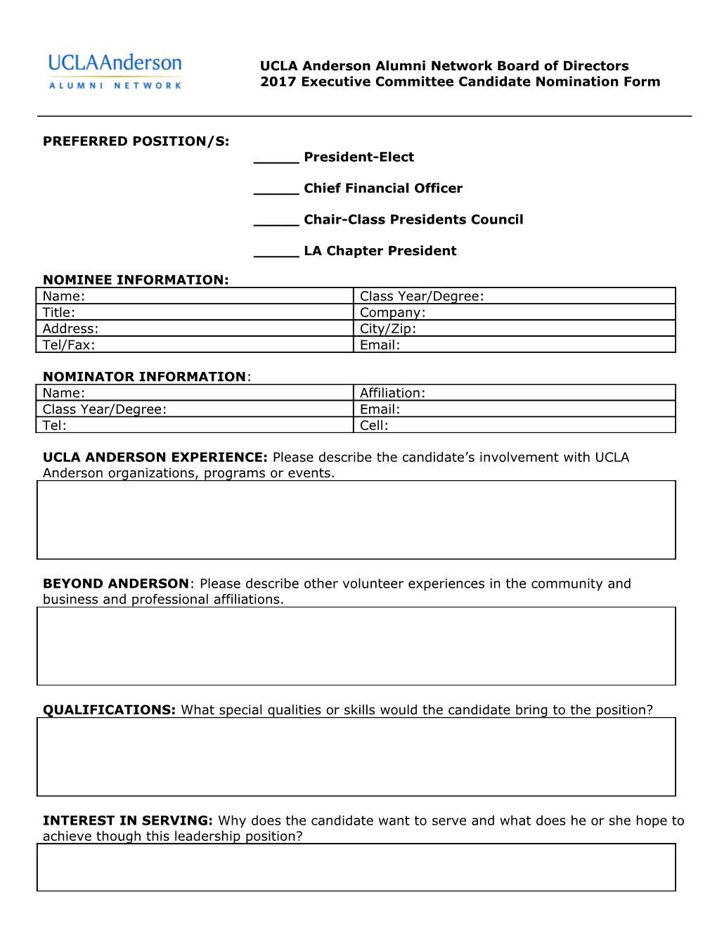 Executive Committee Member Nomination Form