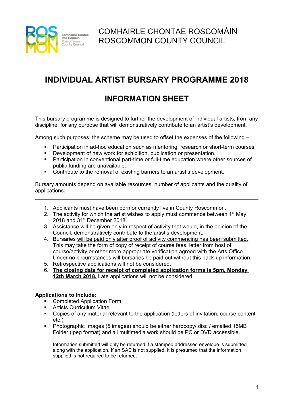 Individual Artist Bursary Programme 2018