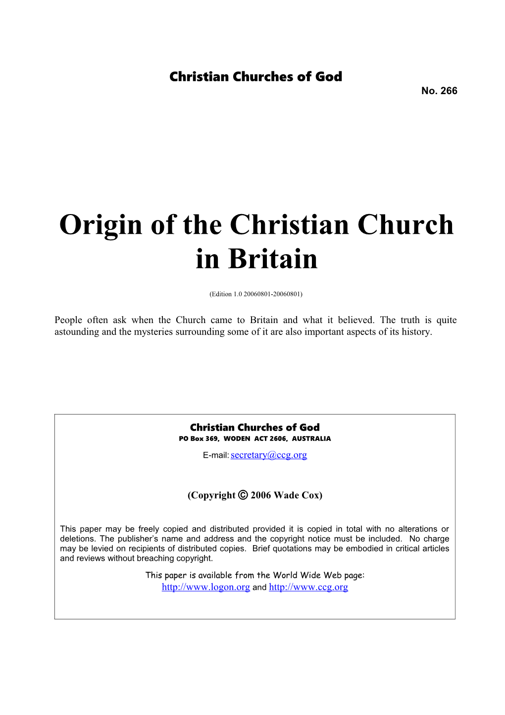 Origin of the Christian Church in Britain (No. 266)