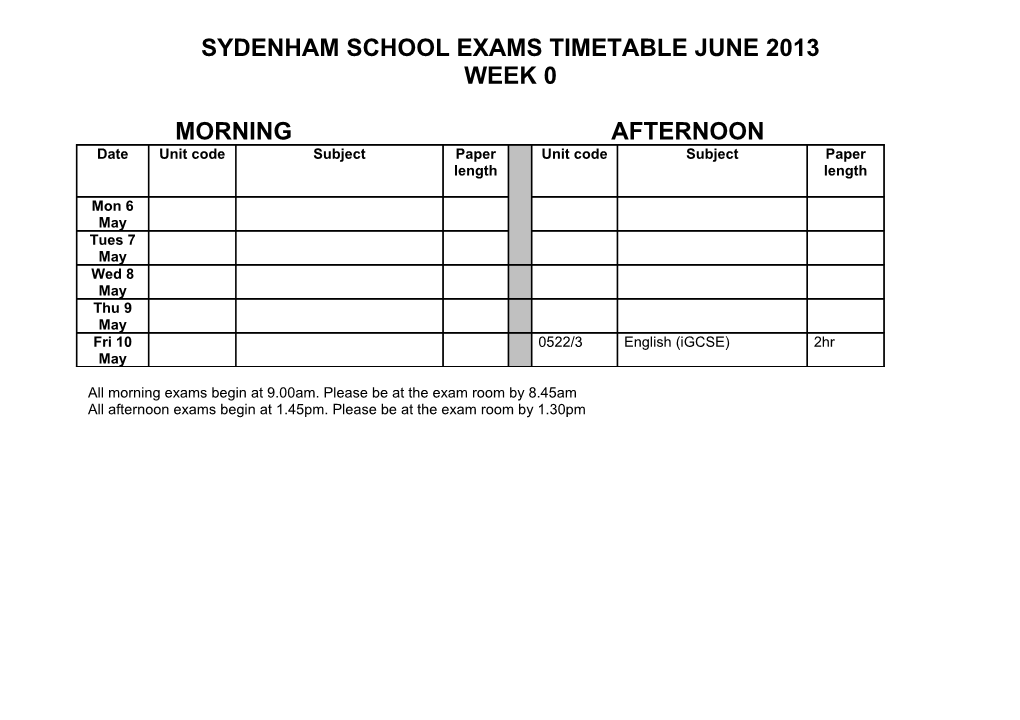 Sydenhamschool Exams Timetable June 2013