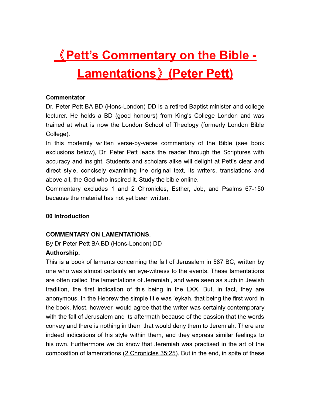 Pett S Commentary on the Bible - Lamentations (Peterpett)