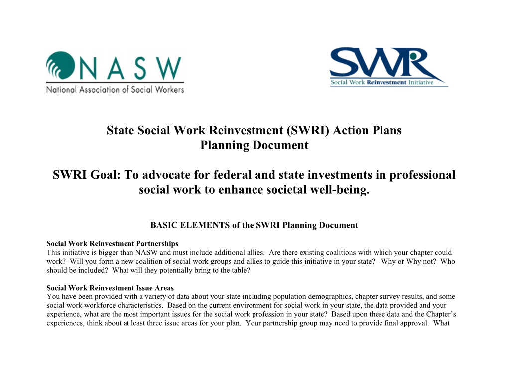 State Social Work Reinvestment (SWRI) Action Plans