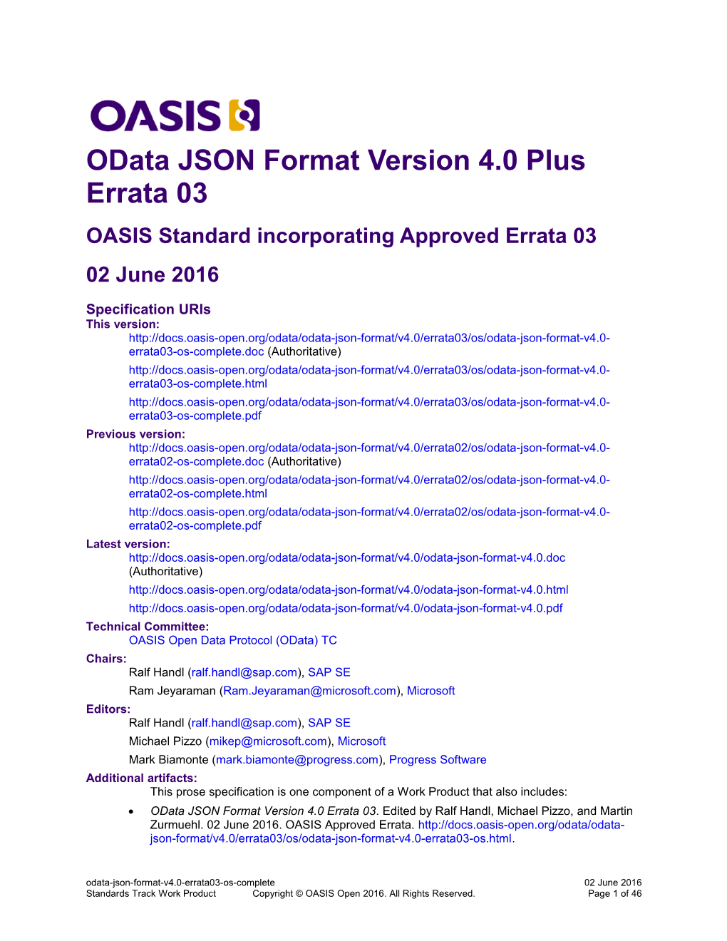 Odata JSON Format Version 4.0 Plus Errata 03