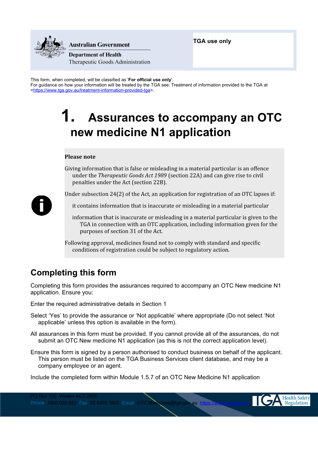 Assurances to Accompany an OTC New Medicine N1 Application