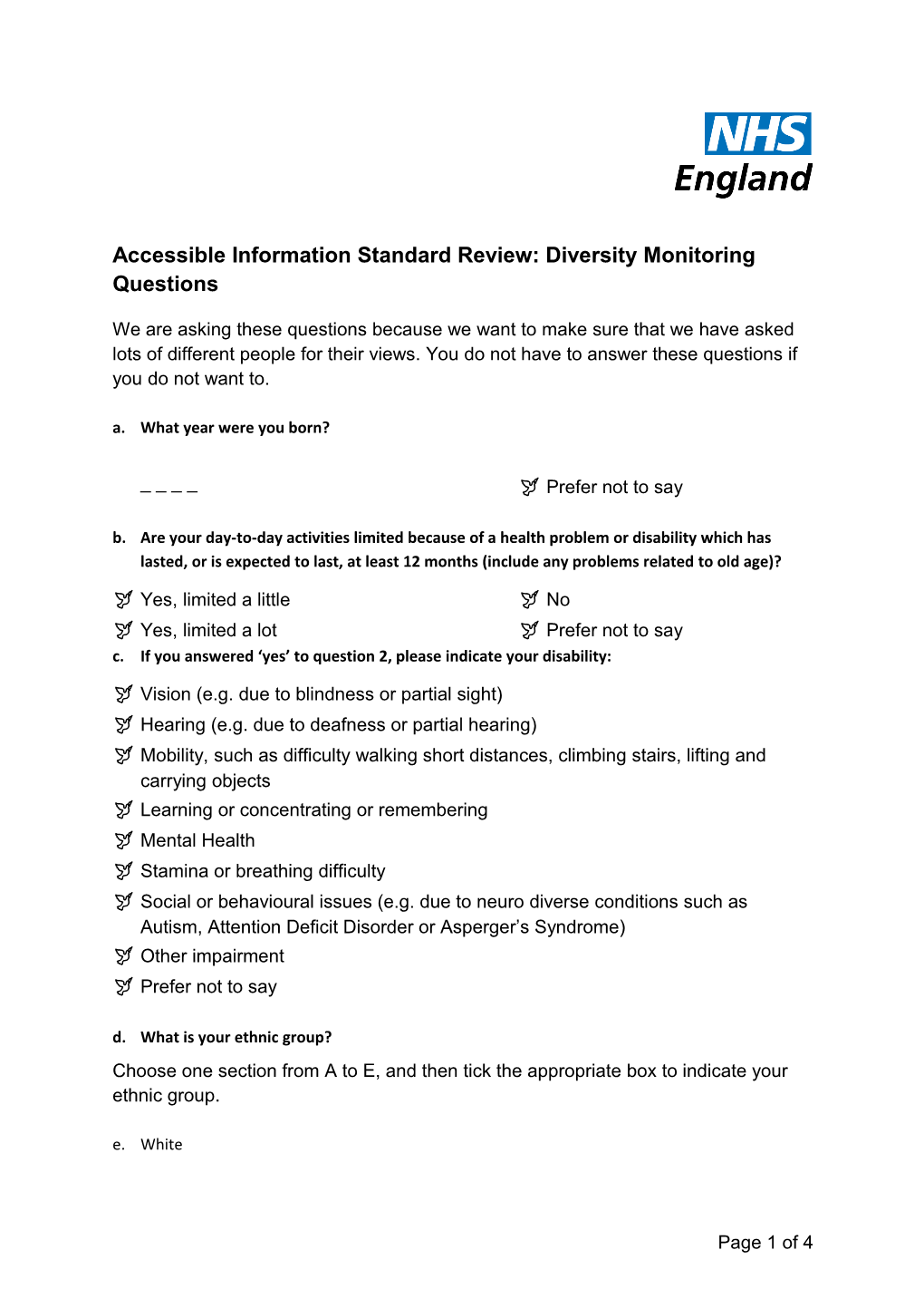 Accessible Information Standard Review: Diversity Monitoring Questions