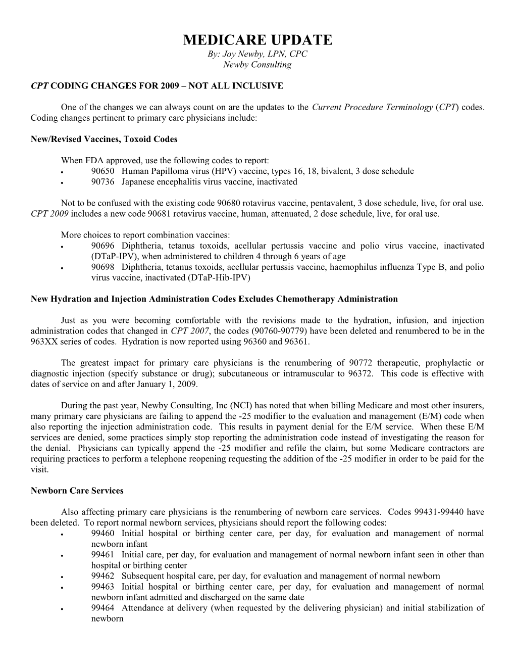 Cpt Coding Changes for 2009 Not All Inclusive