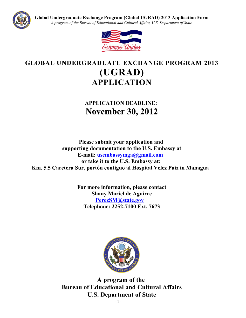Global Undergraduate Exchange Program (Global UGRAD) 2013 Application Form