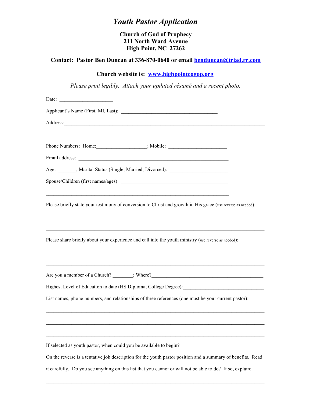 Youth Pastor Application