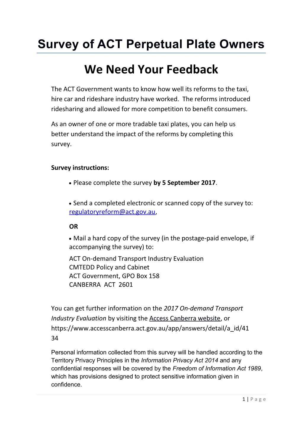 Survey of ACT Perpetual Plate Owners