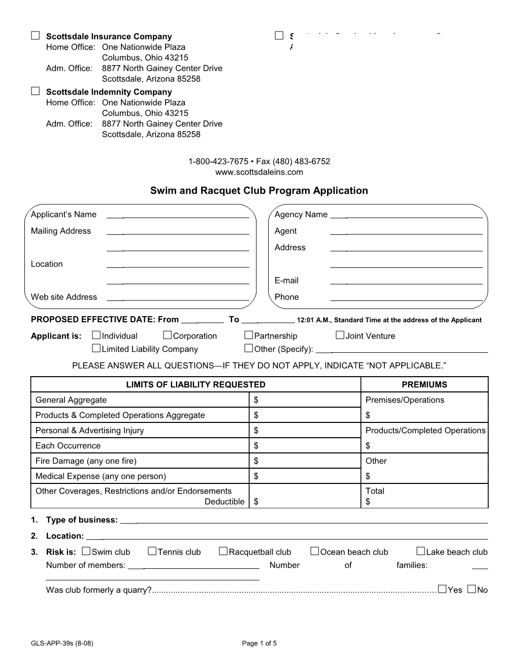 Swim and Racquet Club Program Application