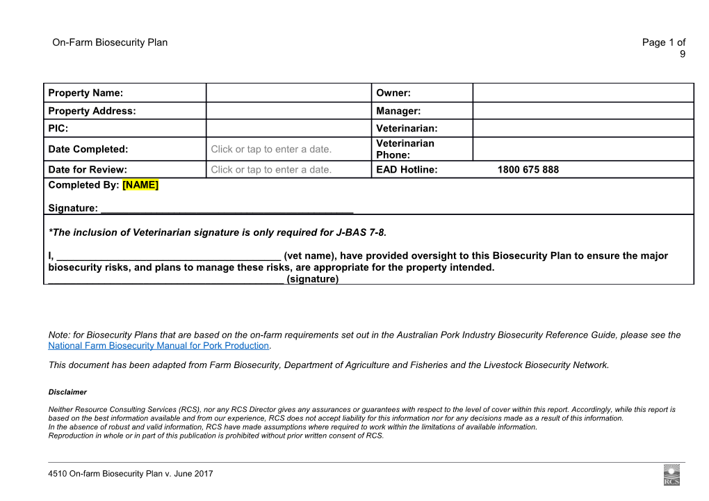 On-Farm Biosecurity Plan Page 1 of 8