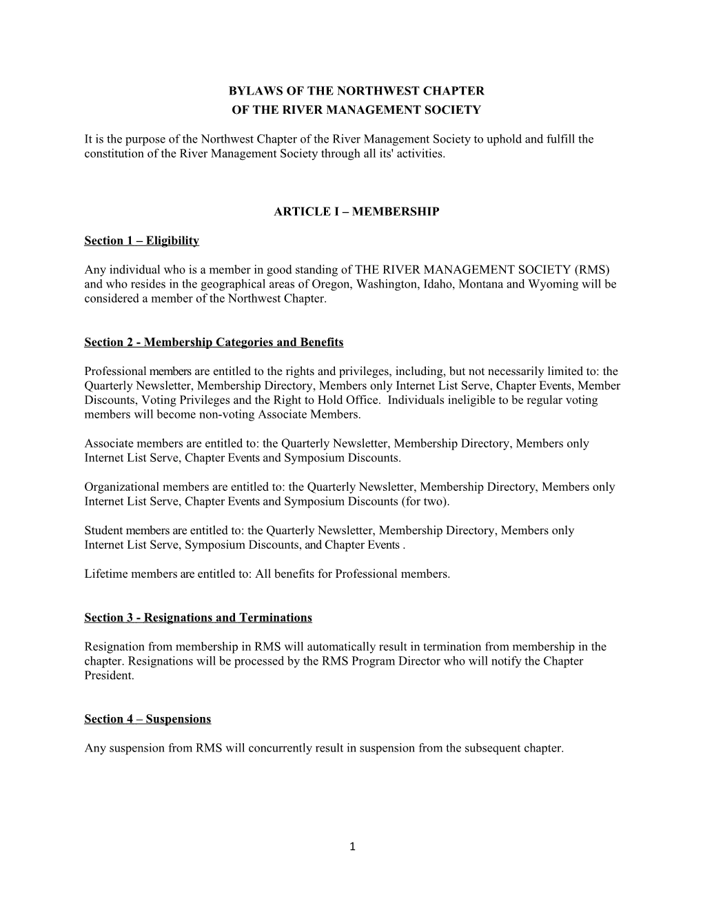 BYLAWS of the NORTHWEST CHAPTER of RMS