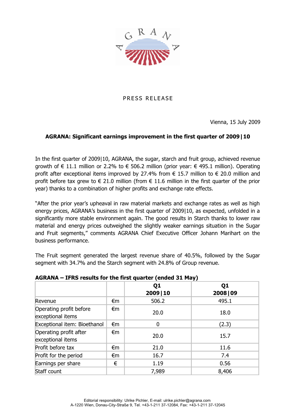 AGRANA: Significant Earnings Improvement in the First Quarter of 2009 10