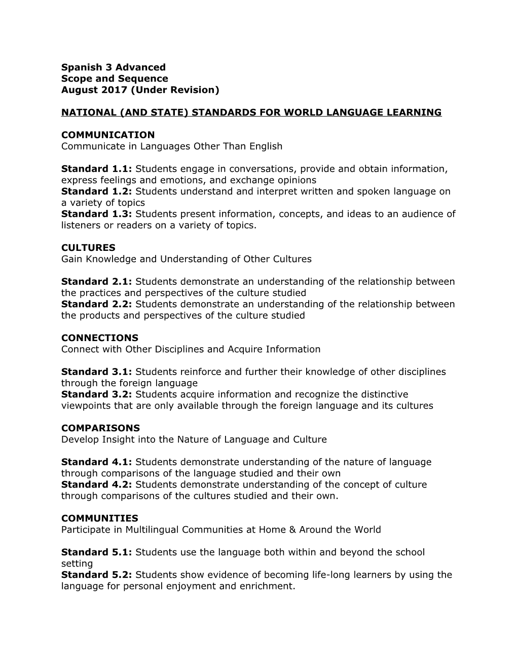 National (And State) Standards for World Language Learning