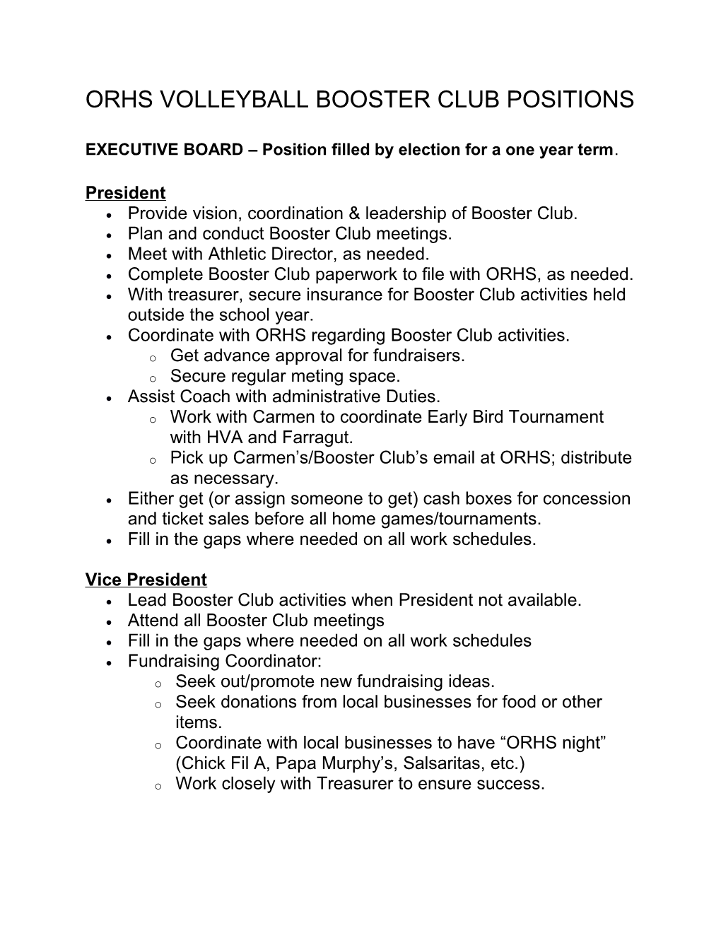 Orhs Volleyball Booster Club Positions