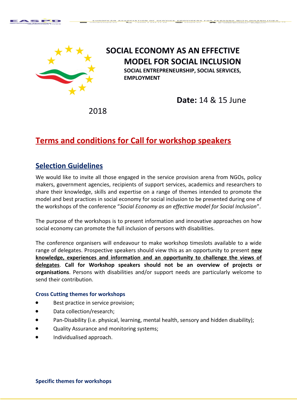 Terms and Conditions for Call for Workshop Speakers