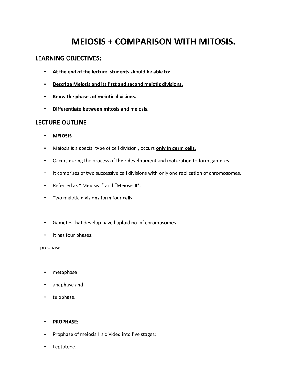 Meiosis + Comparison with Mitosis