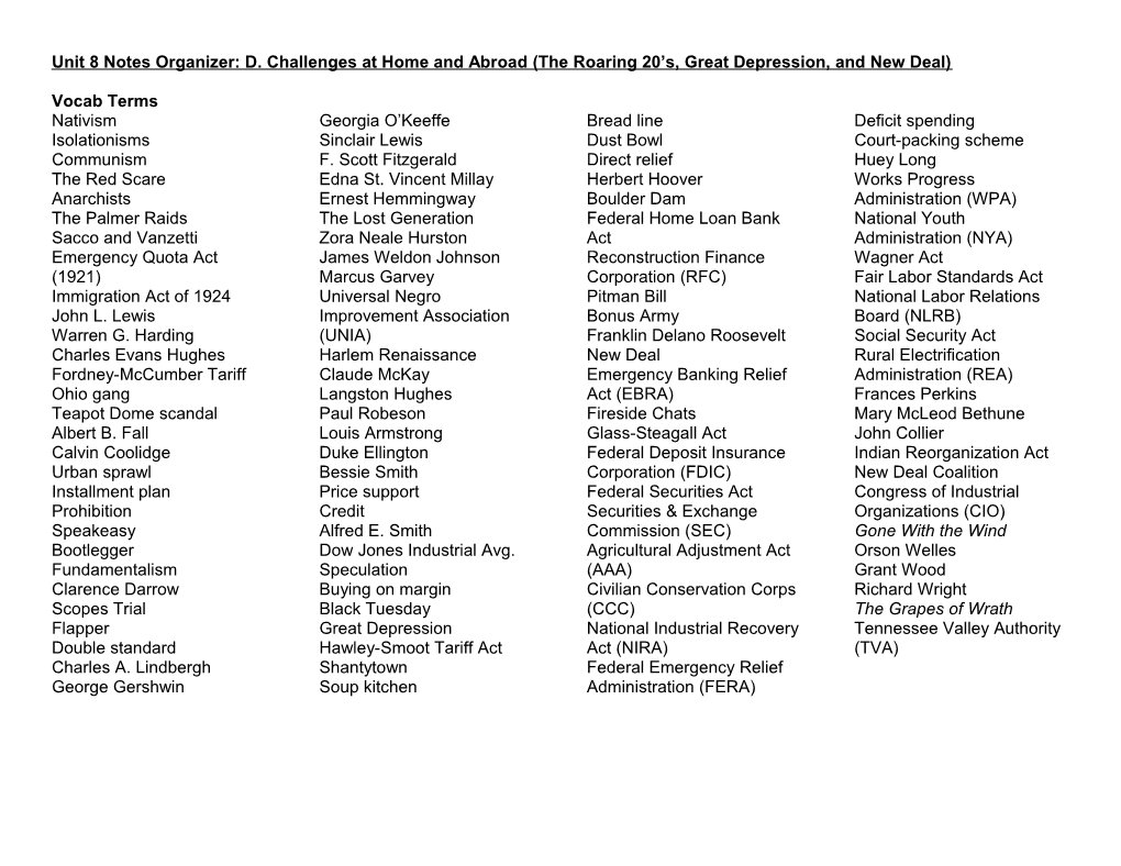 Unit 8 Notes Organizer: D. Challenges at Home and Abroad (The Roaring 20 S, Great Depression