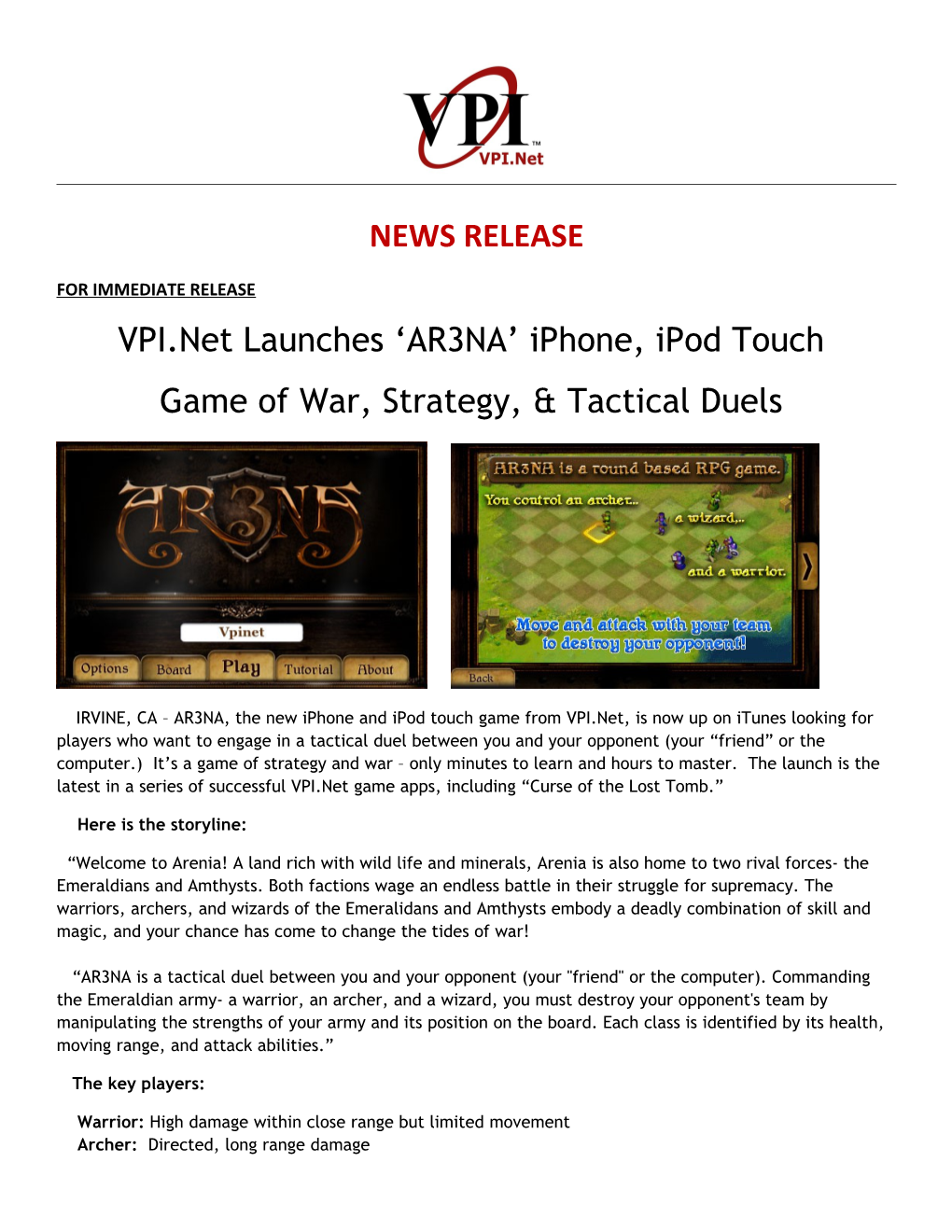 VPI.Net Launches AR3NA Iphone, Ipod Touch