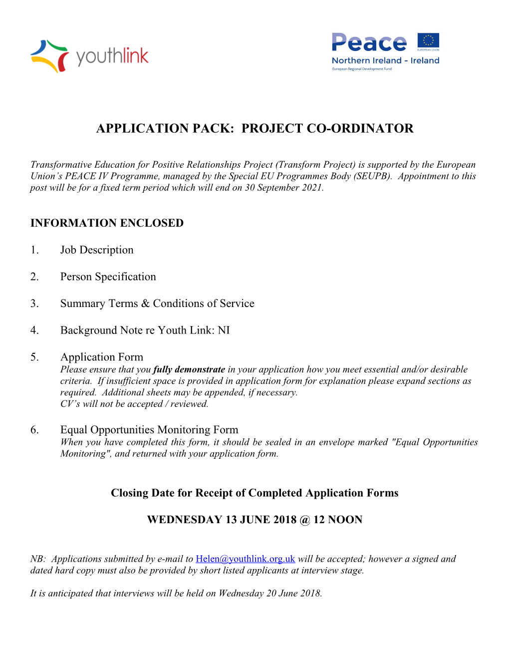 Application Pack: Project Co-Ordinator