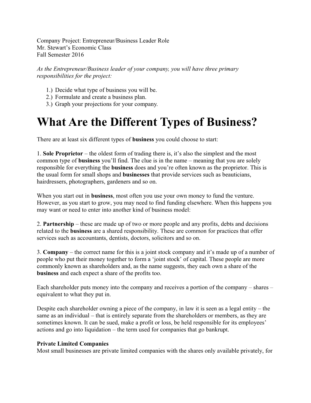 Company Project: Entrepreneur/Business Leader Role