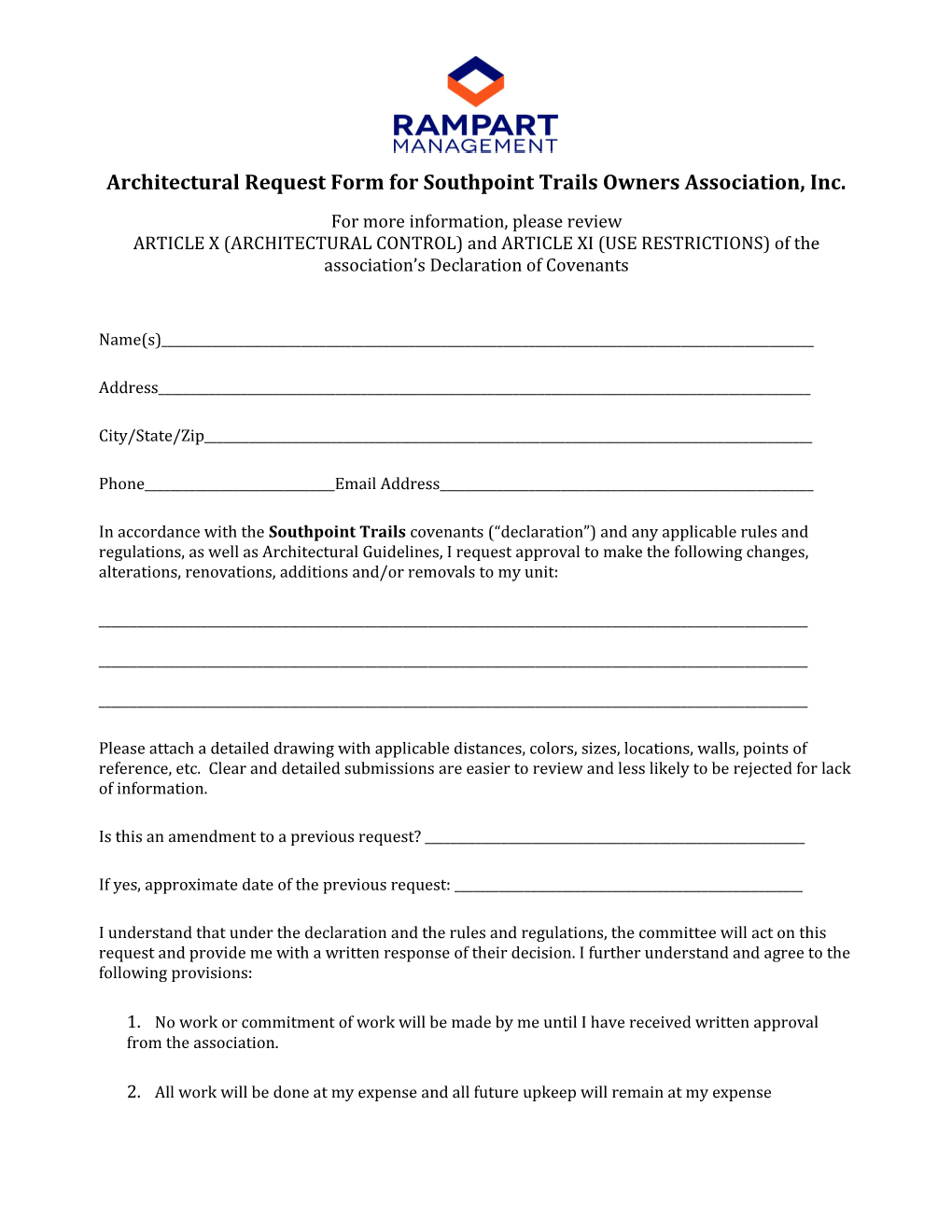 Architectural Request Form for Southpoint Trails Owners Association, Inc