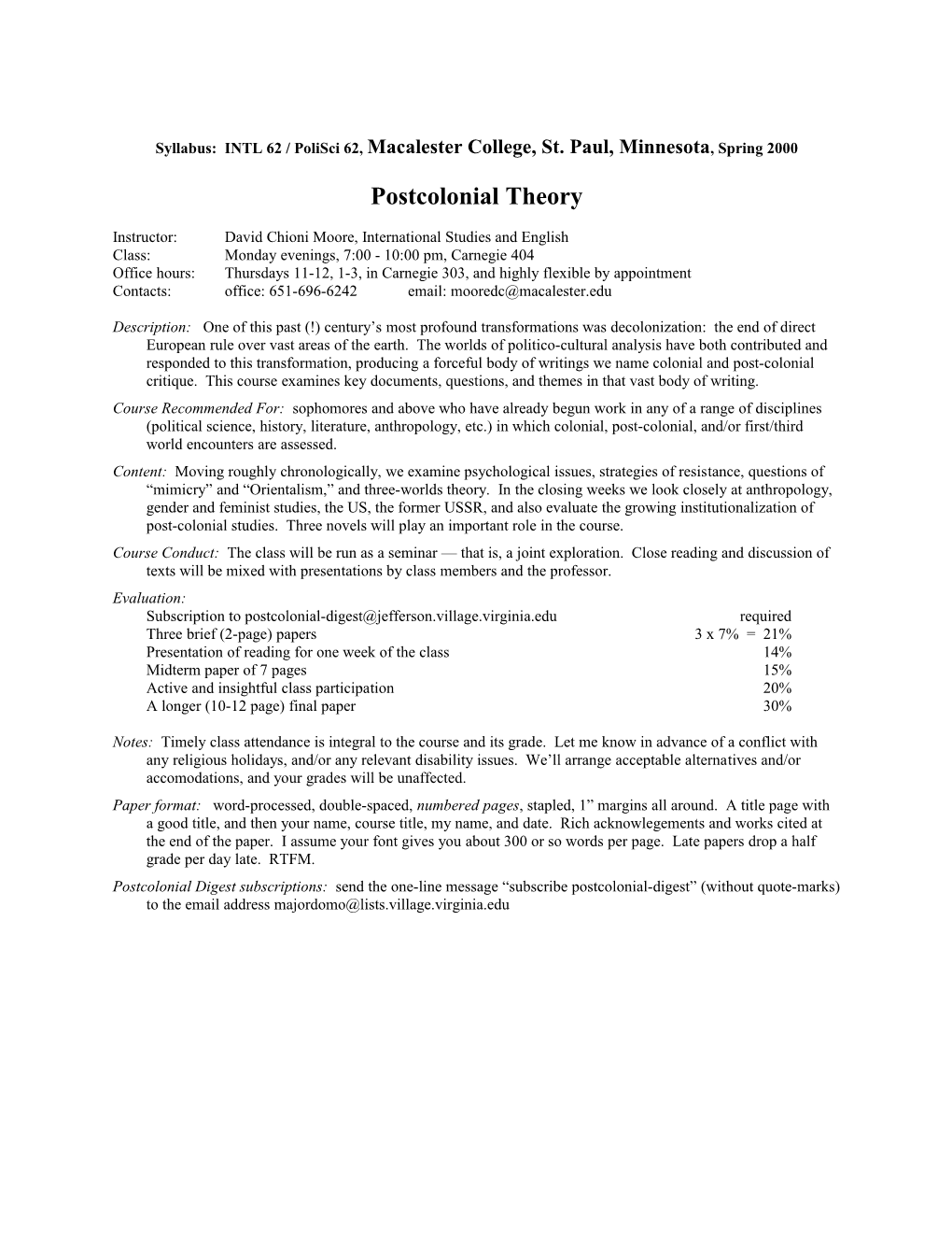 Syllabus: INTL 62 / Polisci 62, Macalester College, St