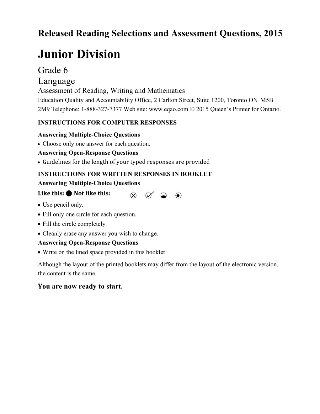 Grade 6, Junior Division, Sample Assessment Booklet: Word Optimized for Premier, 2015