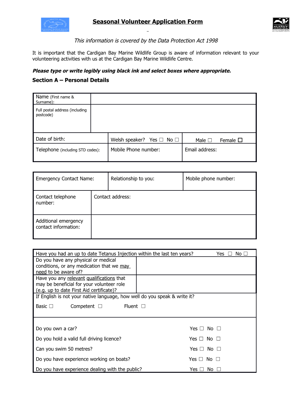 Seasonal Volunteer Application Form